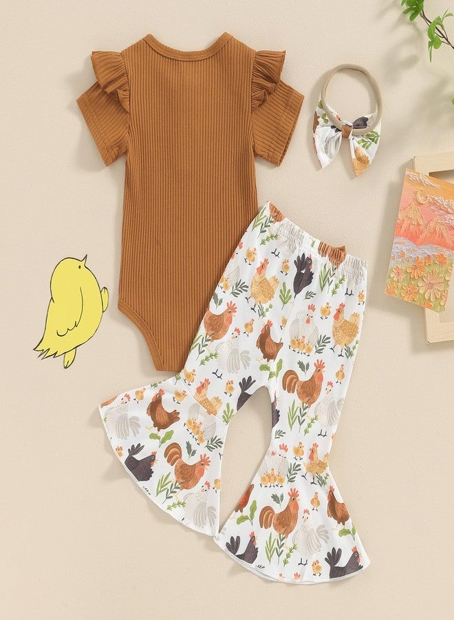Gureui Infant Baby Girl 6-12 Months Summer Clothes Ribbed Romper Onesie Flare Pants Farm Animal Chicken Outfit - Image 4