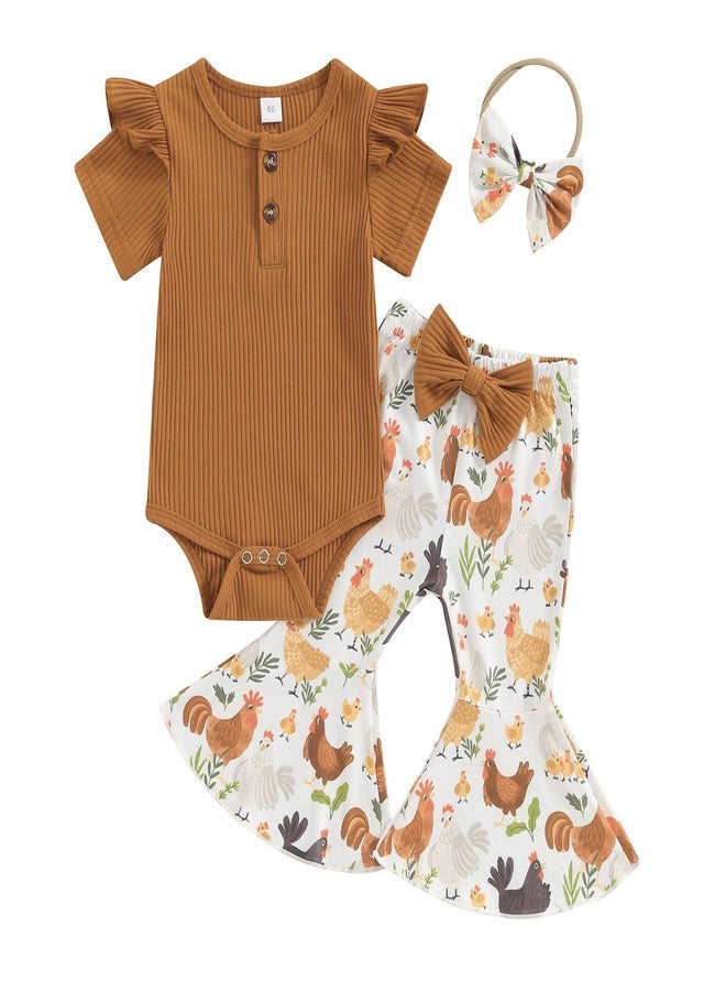 Gureui Infant Baby Girl 6-12 Months Summer Clothes Ribbed Romper Onesie Flare Pants Farm Animal Chicken Outfit - Image 1