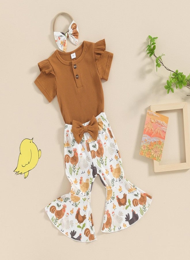 Gureui Infant Baby Girl 6-12 Months Summer Clothes Ribbed Romper Onesie Flare Pants Farm Animal Chicken Outfit - Image 3