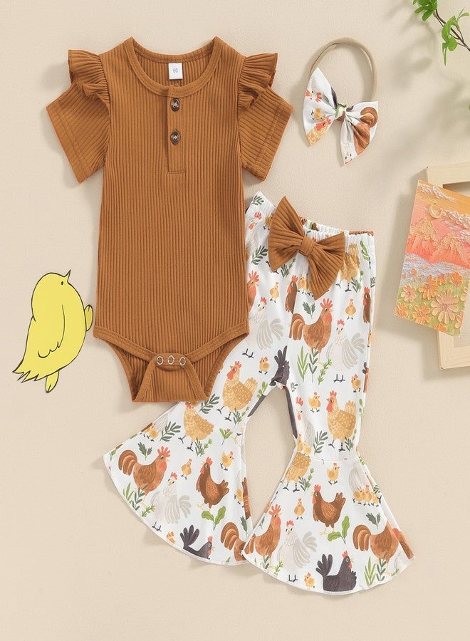 Gureui Infant Baby Girl 6-12 Months Summer Clothes Ribbed Romper Onesie Flare Pants Farm Animal Chicken Outfit - Image 2