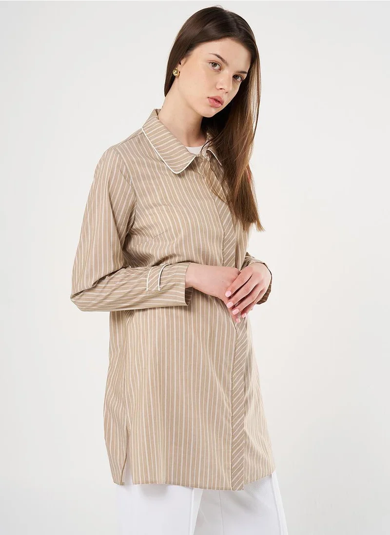 Kayra Flamingo Brooch Detailed Striped Tunic Beige