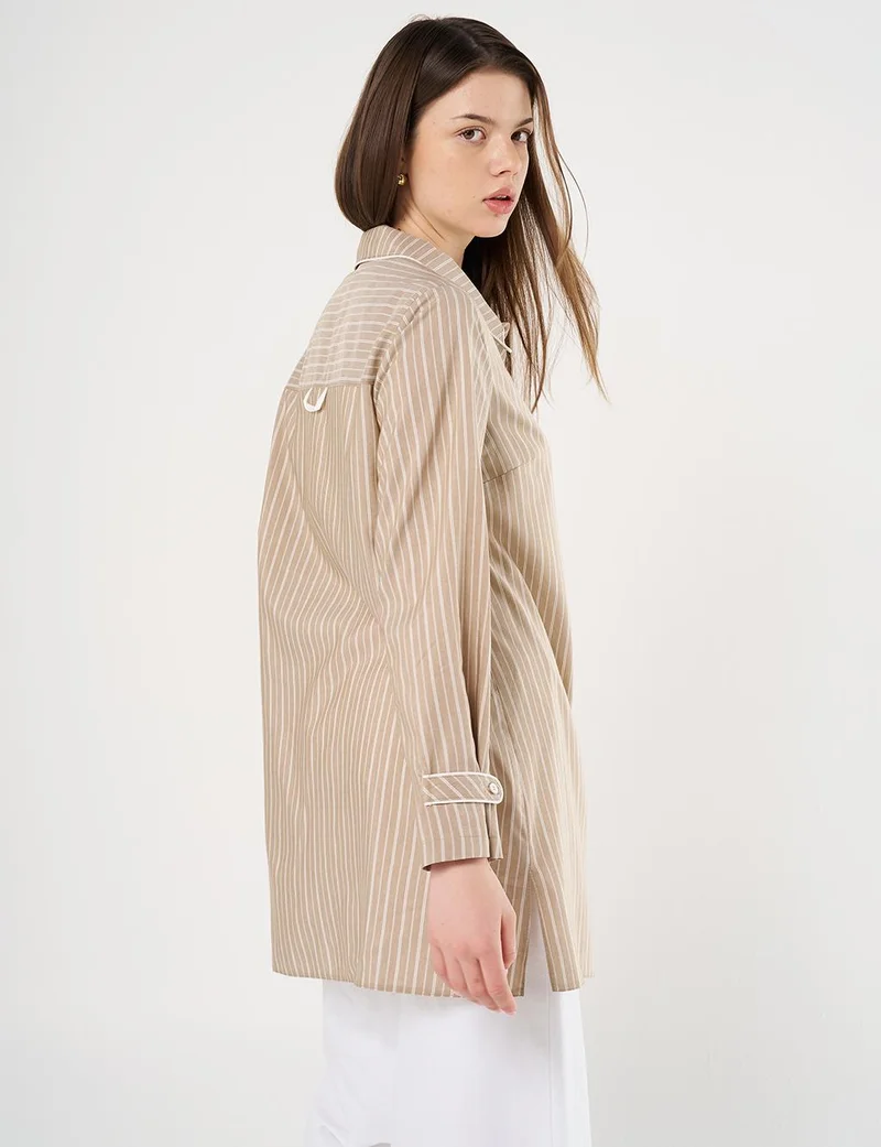 Kayra Flamingo Brooch Detailed Striped Tunic Beige