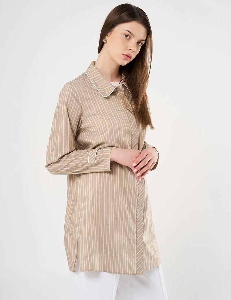 Kayra Flamingo Brooch Detailed Striped Tunic Beige
