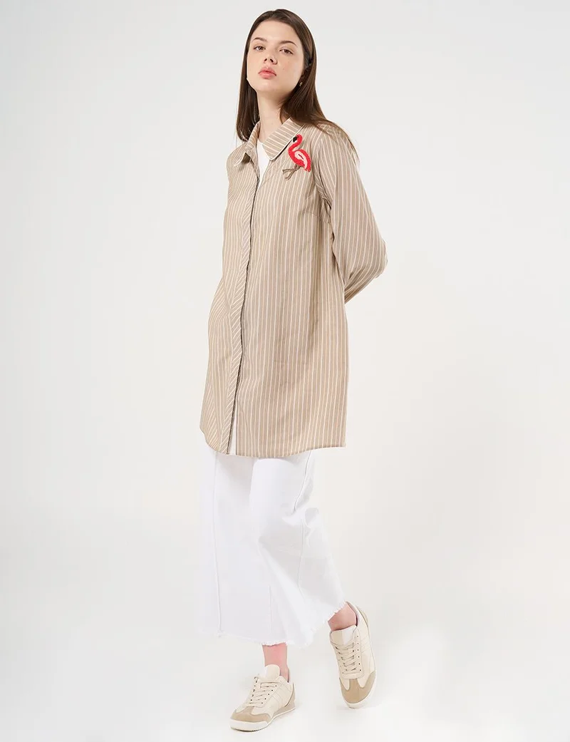 Kayra Flamingo Brooch Detailed Striped Tunic Beige
