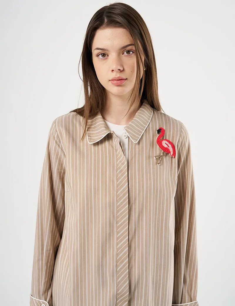 Kayra Flamingo Brooch Detailed Striped Tunic Beige
