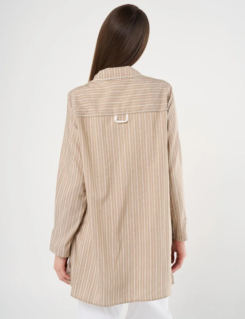 Kayra Flamingo Brooch Detailed Striped Tunic Beige