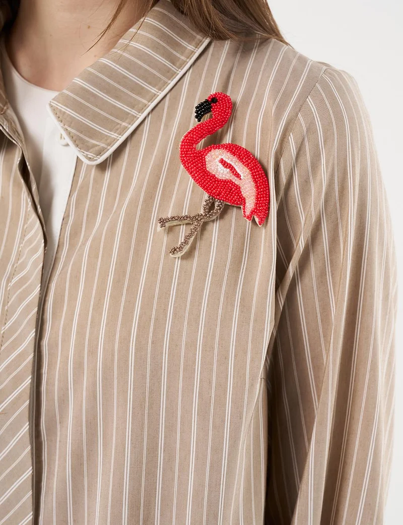 Kayra Flamingo Brooch Detailed Striped Tunic Beige
