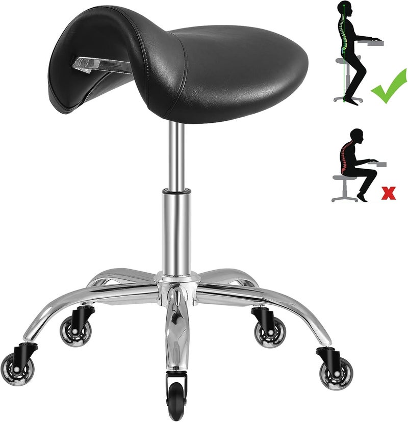 Saddle Stool with Wheels 300 lbs Weight Capacity Heavy Duty Rolling Stool for Medical Massage Salon Kitchen Spa Drafting NailTechHeight Adjustable360 SwivelWide Thick Seat Padding Premium Black