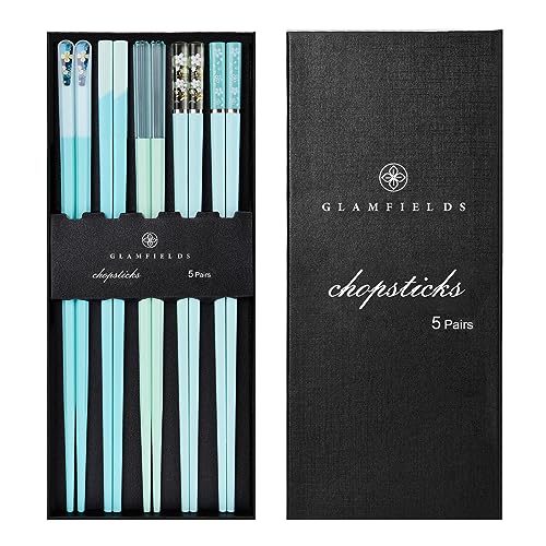 GLAMFIELDS Chopsticks Reusable Dishwasher Safe, GLAMFIELDS 5 Pairs 9.5 Inches Premium Chop Sticks Set for Sushi, Ramen, Asian Cuisine, Matte Non-slip with Gift Case, Light Blue - Image 1