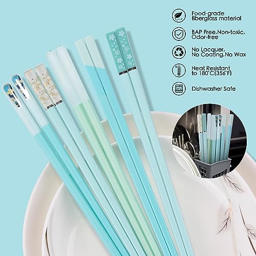 GLAMFIELDS Chopsticks Reusable Dishwasher Safe, GLAMFIELDS 5 Pairs 9.5 Inches Premium Chop Sticks Set for Sushi, Ramen, Asian Cuisine, Matte Non-slip with Gift Case, Light Blue - Image 4