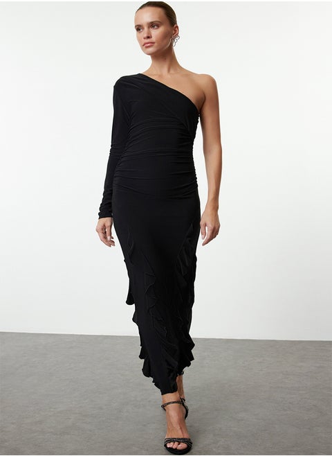 Black Ruffle Detail Asymmetrical Collar Knitted Chic Midi Evening Dress TPRAW25EL00092