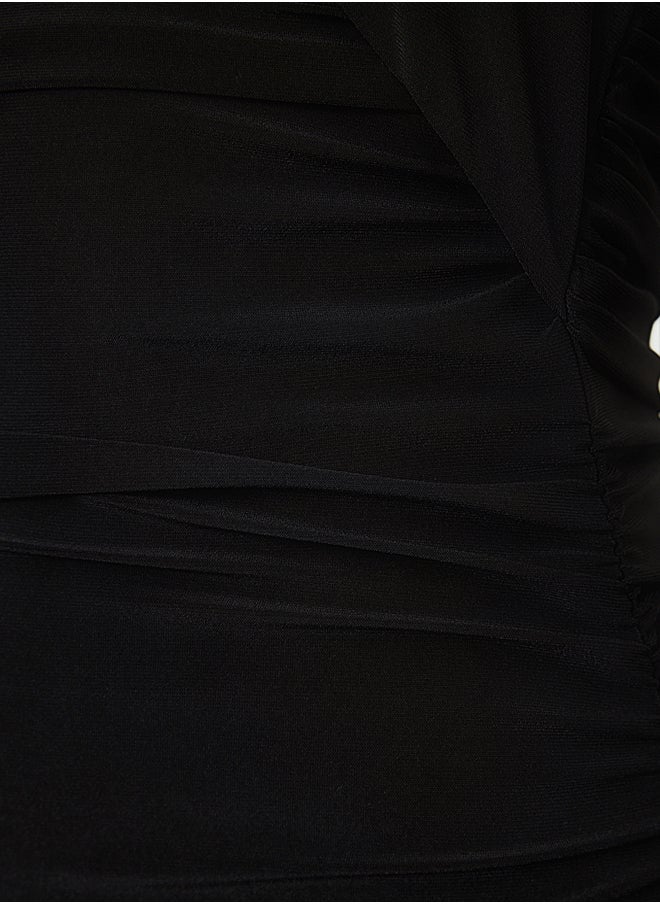 trendyol - Black Ruffle Detail Asymmetrical Collar Knitted Chic Midi Evening Dress TPRAW25EL00092 - Image 1