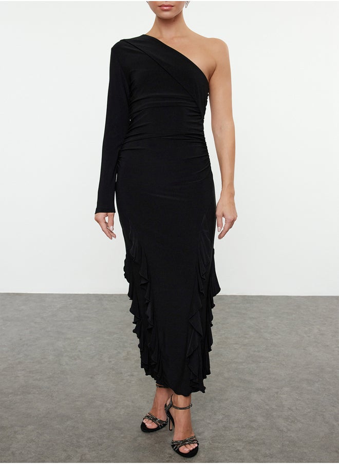 trendyol - Black Ruffle Detail Asymmetrical Collar Knitted Chic Midi Evening Dress TPRAW25EL00092 - Image 1