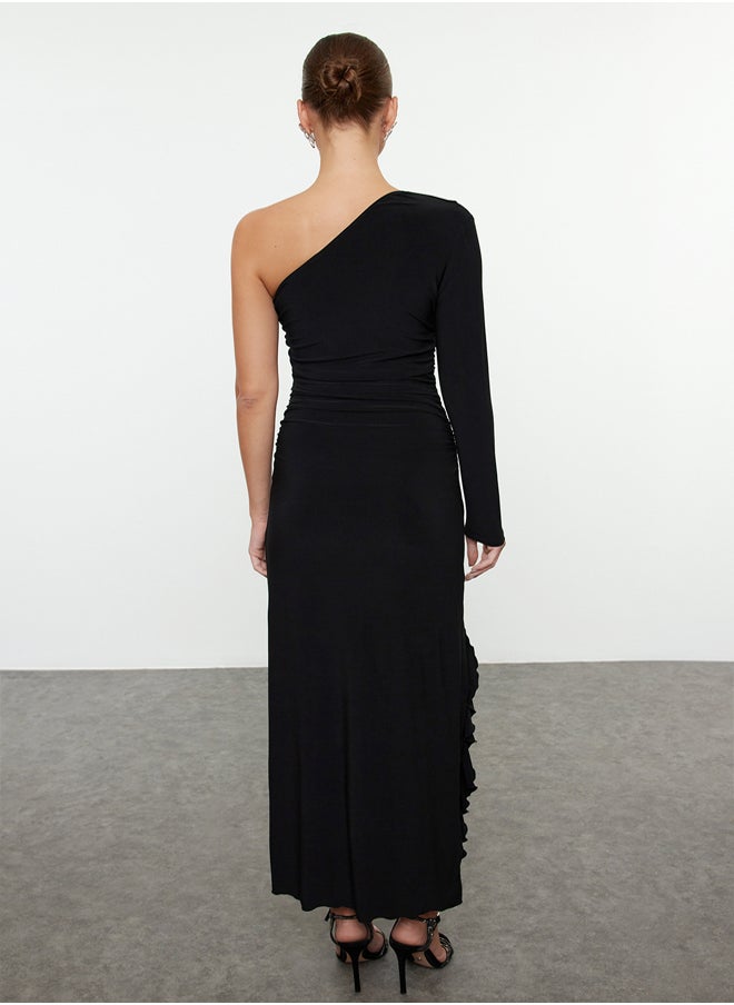 trendyol - Black Ruffle Detail Asymmetrical Collar Knitted Chic Midi Evening Dress TPRAW25EL00092 - Image 1