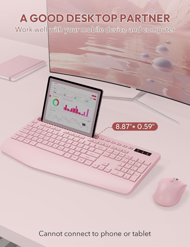 SABLUTE Wireless Keyboard and Mouse, Wrist Rest, Phone Holder, Batteries Included, 2.4G Lag-Free Ergonomic Keyboards Mouse Combo, KM23D Silent Keyboards Set for Computer, Laptop, PC, Windows, Pink -SABLUTE - Image 3