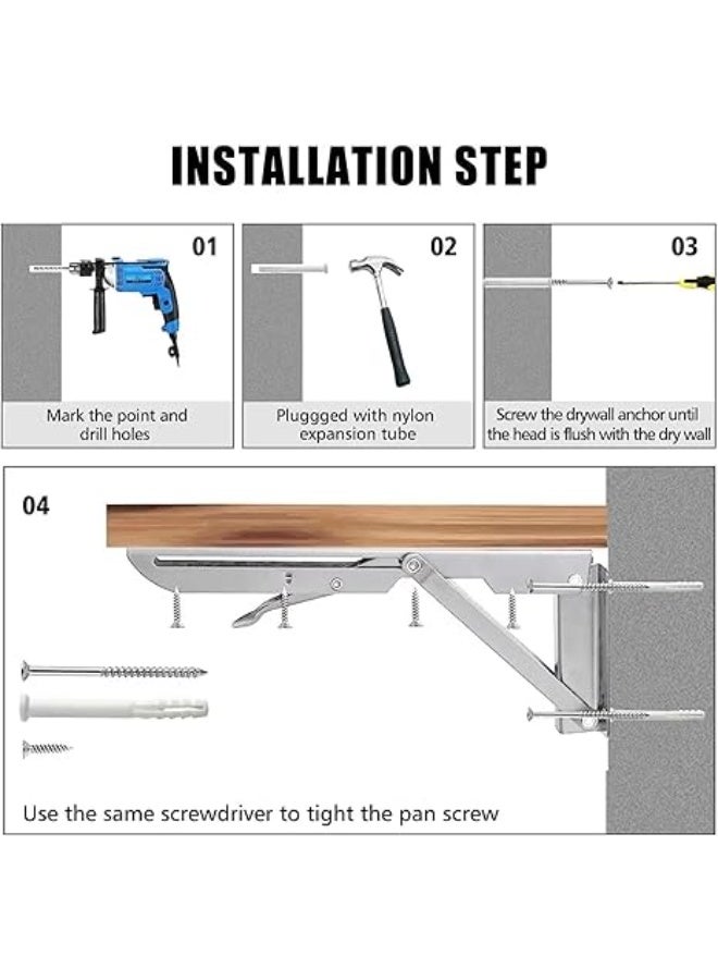 VITION Folding Shelf Brackets, Stainless Steel Heavy Duty Wall Mounted Triangle Brackets for Folding Furniture Space Saving Table Work Bench (Silver, 8inch - 2pcs) - Image 4