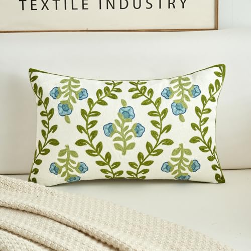HOMFREEST Floral Embroidered Decorative Throw Pillow Covers 12x20 Inch Spring Blue Flower Green Leaf Pillows Farmhouse Patio Cushion Cases for Sofa Couch Home Bed - Image 1