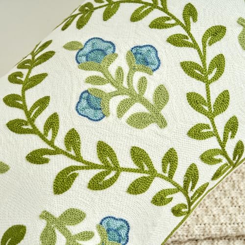 HOMFREEST Floral Embroidered Decorative Throw Pillow Covers 12x20 Inch Spring Blue Flower Green Leaf Pillows Farmhouse Patio Cushion Cases for Sofa Couch Home Bed - Image 4