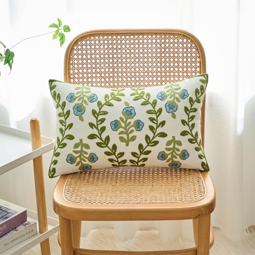 HOMFREEST Floral Embroidered Decorative Throw Pillow Covers 12x20 Inch Spring Blue Flower Green Leaf Pillows Farmhouse Patio Cushion Cases for Sofa Couch Home Bed - Image 2