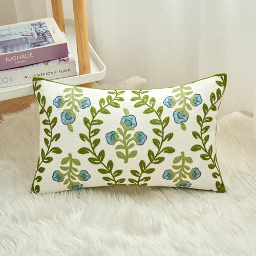 HOMFREEST Floral Embroidered Decorative Throw Pillow Covers 12x20 Inch Spring Blue Flower Green Leaf Pillows Farmhouse Patio Cushion Cases for Sofa Couch Home Bed - Image 3