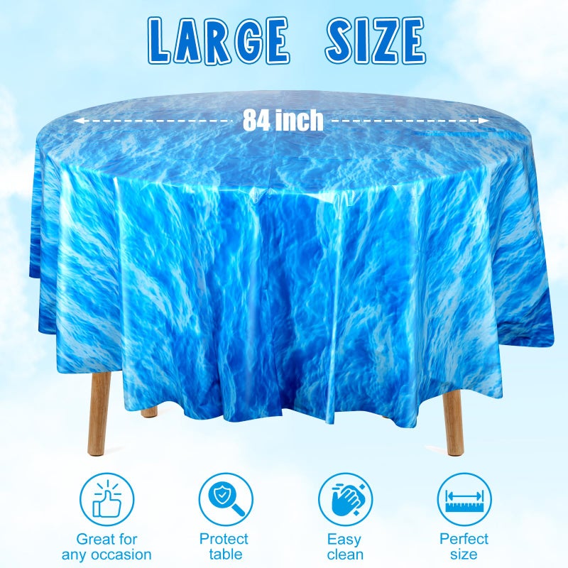 Hallswl 3 Pcs Round Ocean Waves Tablecloths Disposable Plastic Ocean Blue Table Cloth Round Table Covers for Under The Sea Beach Surf Ocean Pool Party Birthday Party Decorations, 84 Inch - Image 2