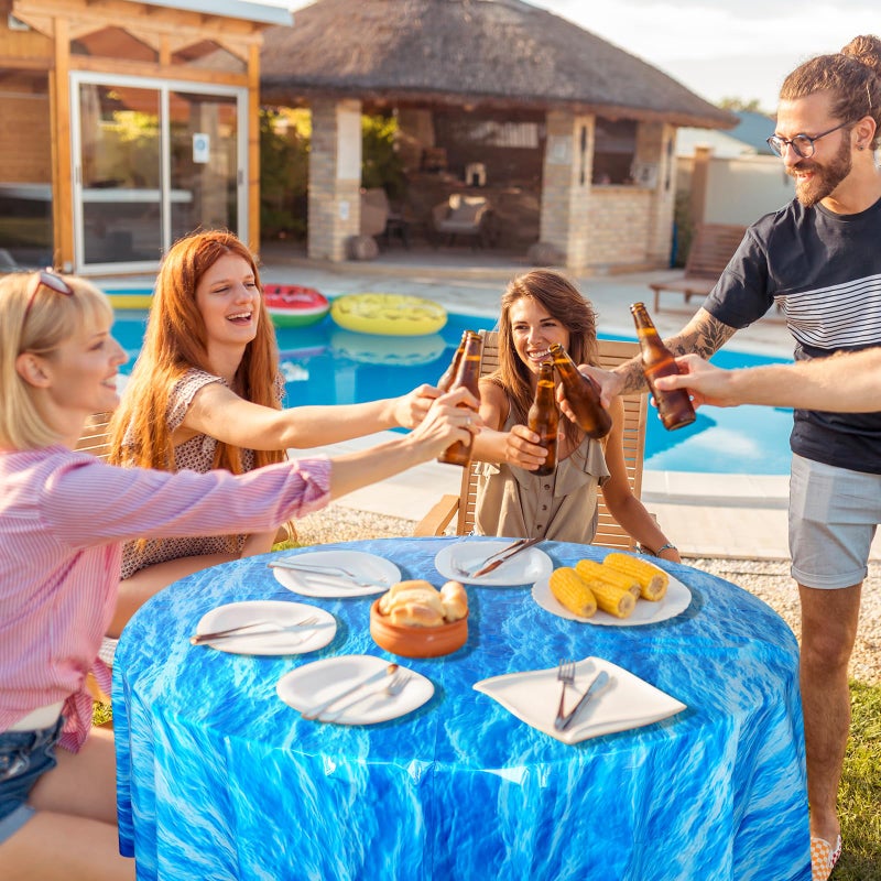 Hallswl 3 Pcs Round Ocean Waves Tablecloths Disposable Plastic Ocean Blue Table Cloth Round Table Covers for Under The Sea Beach Surf Ocean Pool Party Birthday Party Decorations, 84 Inch - Image 4