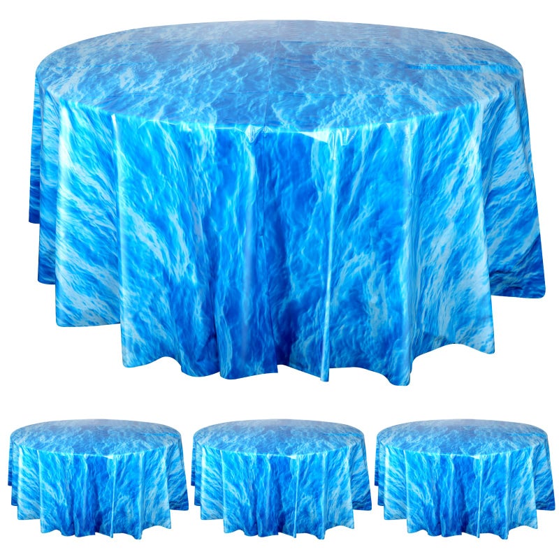 Hallswl 3 Pcs Round Ocean Waves Tablecloths Disposable Plastic Ocean Blue Table Cloth Round Table Covers for Under The Sea Beach Surf Ocean Pool Party Birthday Party Decorations, 84 Inch - Image 1