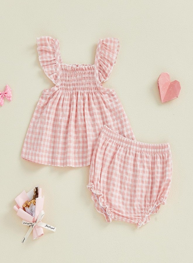 Brvxia Baby Girl Summer Clothes Plaid Ruffle Shirt Tops Bloomers Shorts 2 Pcs Infant Cute Outfits Set 3 6 12 18 24 Months (Plaid Pink, 12-18 Months) - Image 2