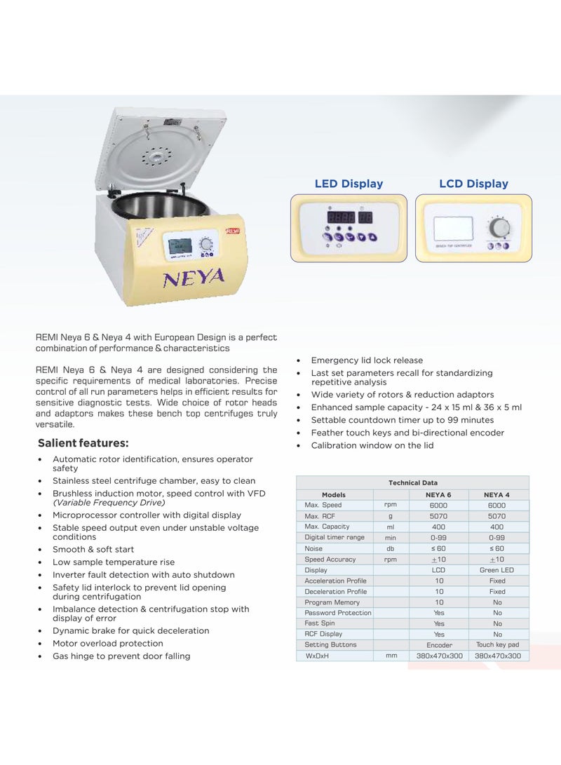 Remi Bench Top Centrifuge Max. Speed 6000 RPM with LCD display of Speed & Time Set of 4 metal buckets, each with a capacity of 9 Vacutainer Tubes of 5ml ( Tubes not supplied) - Image 2