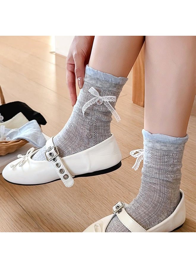 Knagsfa Cute Crew Socks for Women, 4 Pairs Casual Novelty Socks Bowknot and Flowers Ruffle Cuff Cotton Athletic Calf Socks, [4pcs]bowknot-milk White+blue+gray+black, M - Image 3
