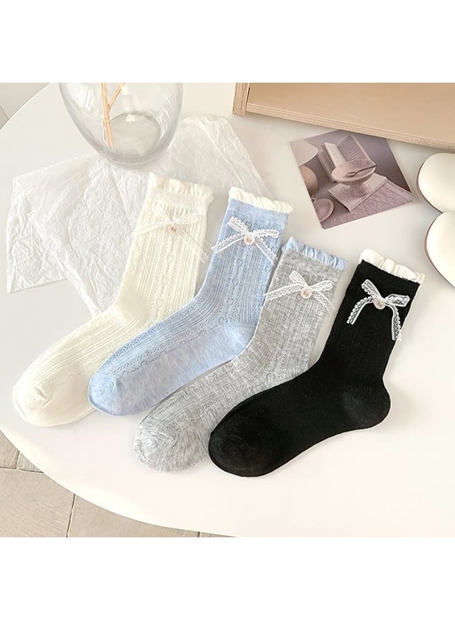 Knagsfa Cute Crew Socks for Women, 4 Pairs Casual Novelty Socks Bowknot and Flowers Ruffle Cuff Cotton Athletic Calf Socks, [4pcs]bowknot-milk White+blue+gray+black, M - Image 4