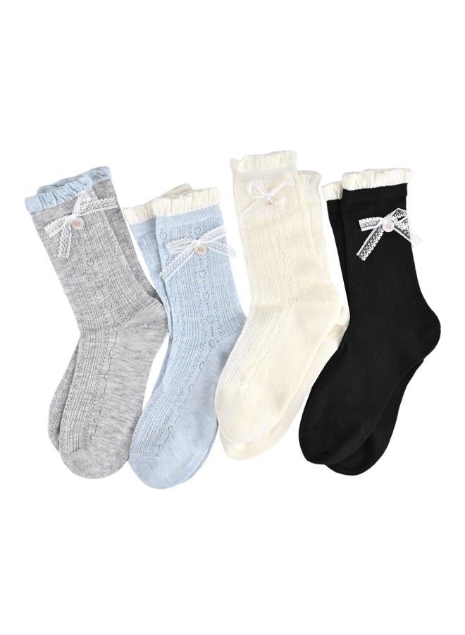 Knagsfa Cute Crew Socks for Women, 4 Pairs Casual Novelty Socks Bowknot and Flowers Ruffle Cuff Cotton Athletic Calf Socks, [4pcs]bowknot-milk White+blue+gray+black, M - Image 1