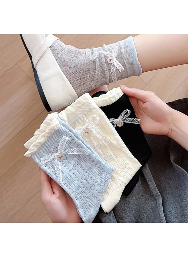 Knagsfa Cute Crew Socks for Women, 4 Pairs Casual Novelty Socks Bowknot and Flowers Ruffle Cuff Cotton Athletic Calf Socks, [4pcs]bowknot-milk White+blue+gray+black, M - Image 2
