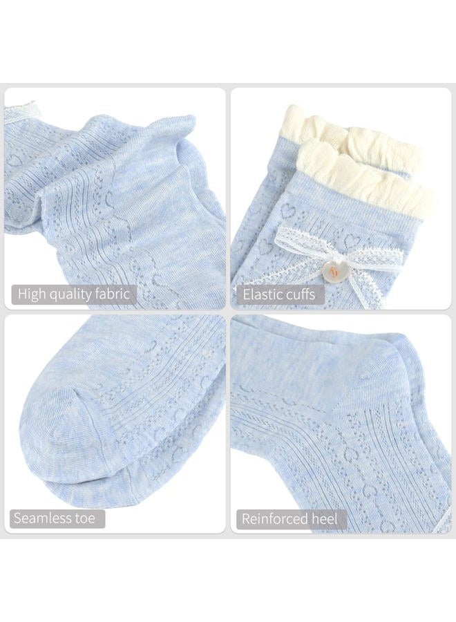 Knagsfa Cute Crew Socks for Women, 4 Pairs Casual Novelty Socks Bowknot and Flowers Ruffle Cuff Cotton Athletic Calf Socks, [4pcs]bowknot-milk White+blue+gray+black, M - Image 5