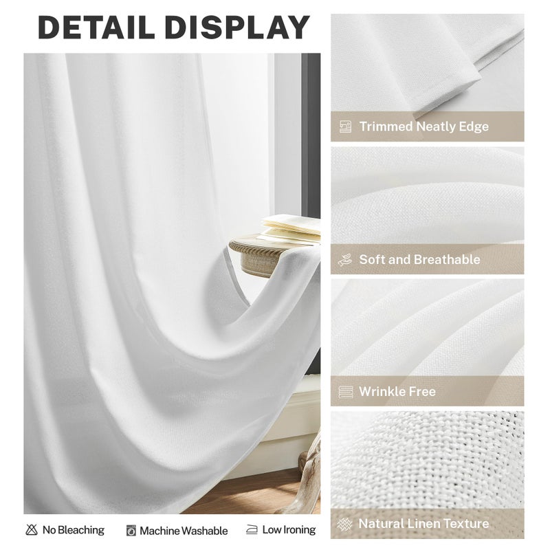 MEETBILY Semi Sheer White Linen Curtains 96 Inches Long for Living Room 2 Panels Set Back Tab Light Filtering Modern Farmhouse Bohemian Linen Textured Drapes for Sliding Glass Door  50x96 in Length - Image 4