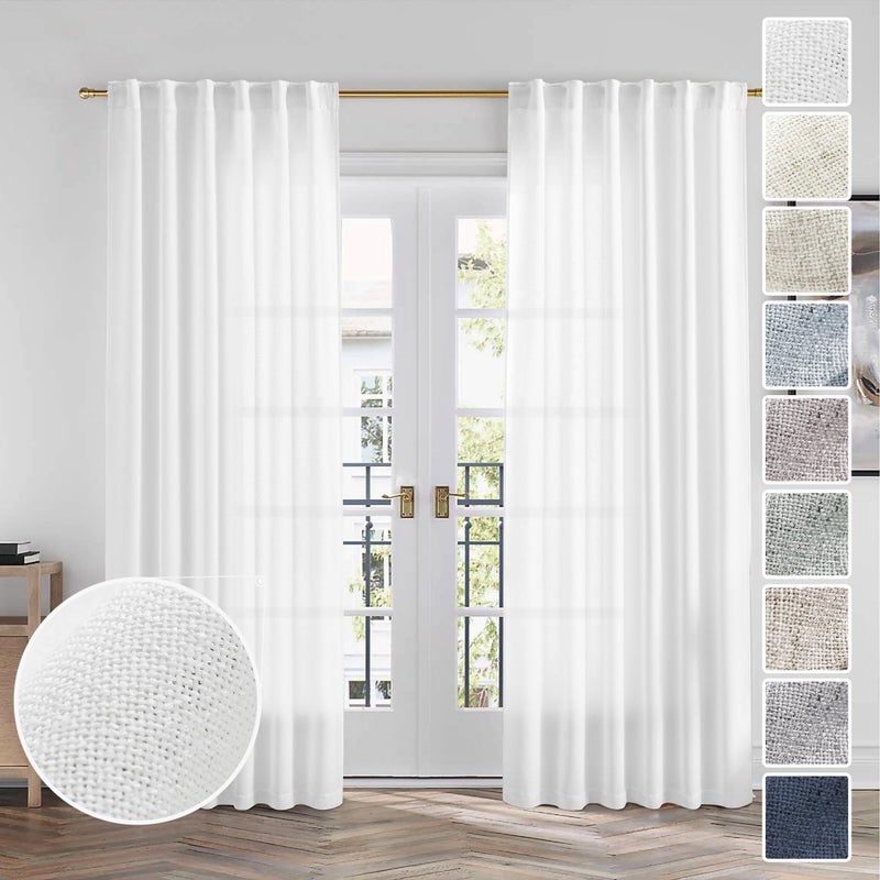 MEETBILY Semi Sheer White Linen Curtains 96 Inches Long for Living Room 2 Panels Set Back Tab Light Filtering Modern Farmhouse Bohemian Linen Textured Drapes for Sliding Glass Door  50x96 in Length - Image 1