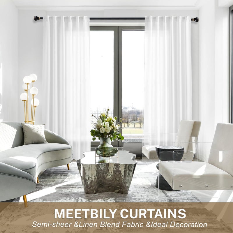 MEETBILY Semi Sheer White Linen Curtains 96 Inches Long for Living Room 2 Panels Set Back Tab Light Filtering Modern Farmhouse Bohemian Linen Textured Drapes for Sliding Glass Door  50x96 in Length - Image 5