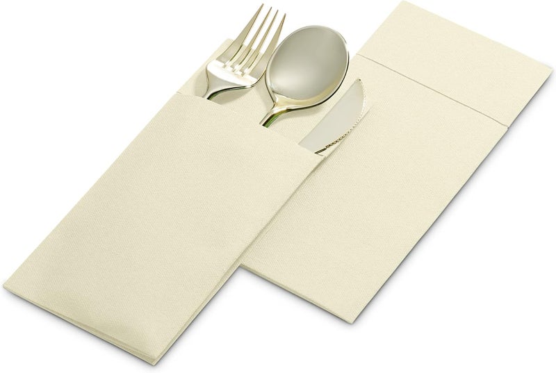 BloominGoods Disposable Linen-Feel Dinner Napkins with Built-in Flatware Pocket, 50-Pack CREAM Prefolded Cloth Like Paper Napkins For Dinner, Wedding Or Party [Silverware NOT Included] - Image 3