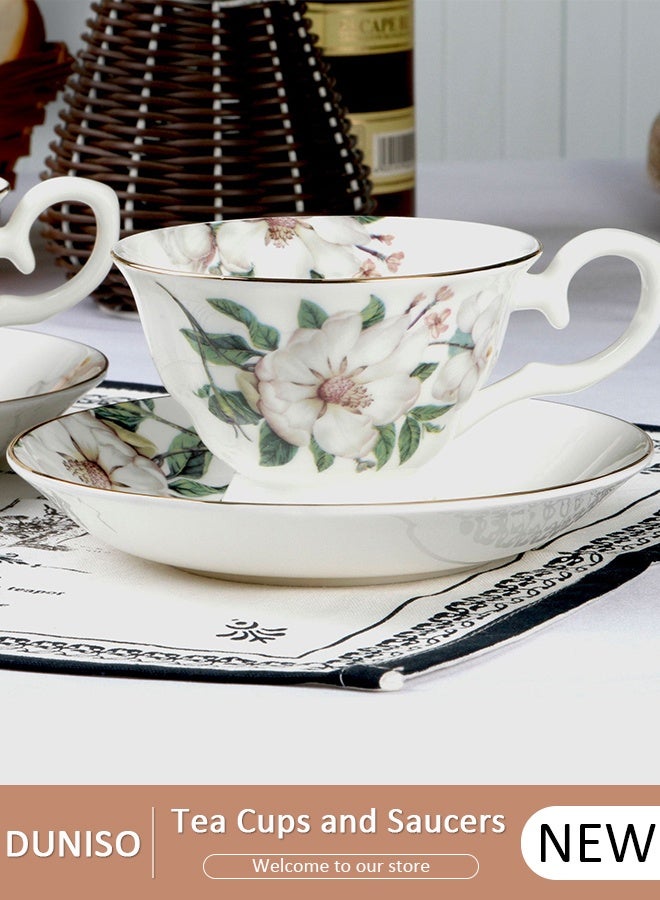 DUNISO طقم فناجين شاي وصحون بنوم بنه بتصميم كلاسيكي فرنسي، طقم شاي بورسلين لحفلات الشاي، أكواب شاي بعد الظهر، صحن لمطبخ حليب القهوة وغرفة الرسم - Image 1