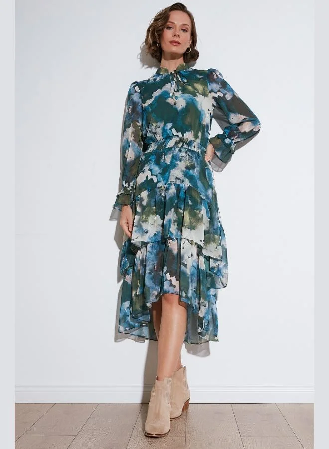 ليلا فستان ميدي بحمالات عنق مكشكش من الشيفون بقصة عادية للنساء