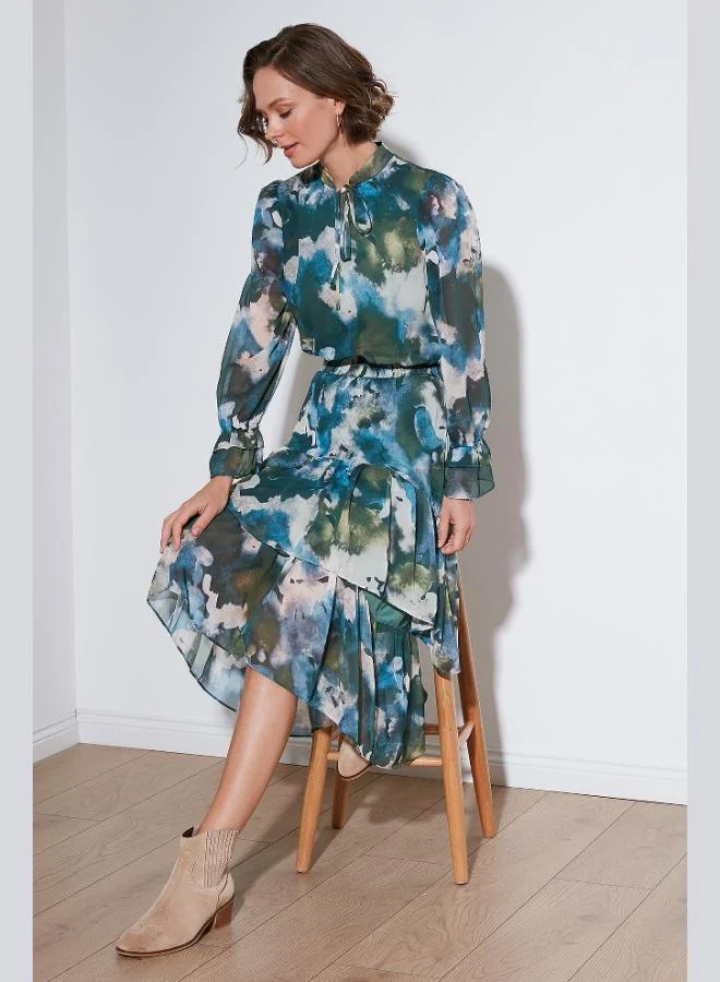 ليلا فستان ميدي بحمالات عنق مكشكش من الشيفون بقصة عادية للنساء