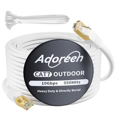 Adoreen Cat 6E Cat 7 Outdoor Ethernet Cable 300 FT White, High Speed Shielded Network Cable, S/FTP, POE, 26AWG OFC, Heavy-Duty Waterproof Direct Burial Cat 6A Internet Cable RJ45 LAN Cord+Ties-OD - Image 1