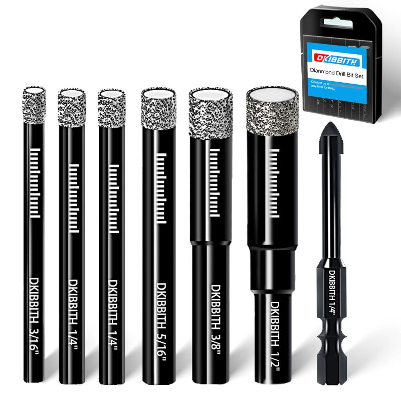 DKIBBITH 7 Pack Dry Diamond Drill Bits & Tile Drill Bits Set for Ceramic, Porcelain, Marble, Granite, Stone, Glass - Round Shank 3/16", 1/4"(x2), 5/16", 3/8", 1/2"+1 Pack Masonry Drill Bit 1/4" - Image 1
