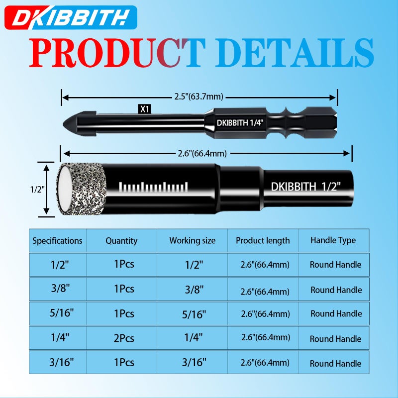 DKIBBITH 7 Pack Dry Diamond Drill Bits & Tile Drill Bits Set for Ceramic, Porcelain, Marble, Granite, Stone, Glass - Round Shank 3/16", 1/4"(x2), 5/16", 3/8", 1/2"+1 Pack Masonry Drill Bit 1/4" - Image 2