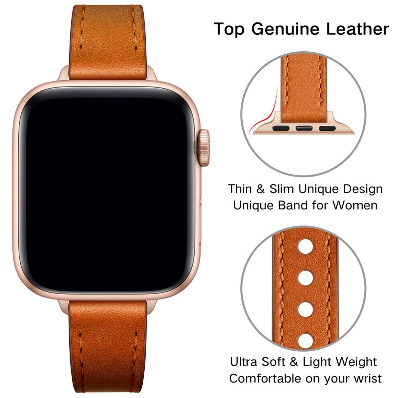 OUHENG Slim Bands Compatible with Apple Watch Band 42mm 41mm 40mm 38mm, Women Genuine Leather Replacement Thin Strap for iWatch SE2 SE Series 10 9 8 7 6 5 4 3 2 1 (Brown/Rose Gold) - Image 3