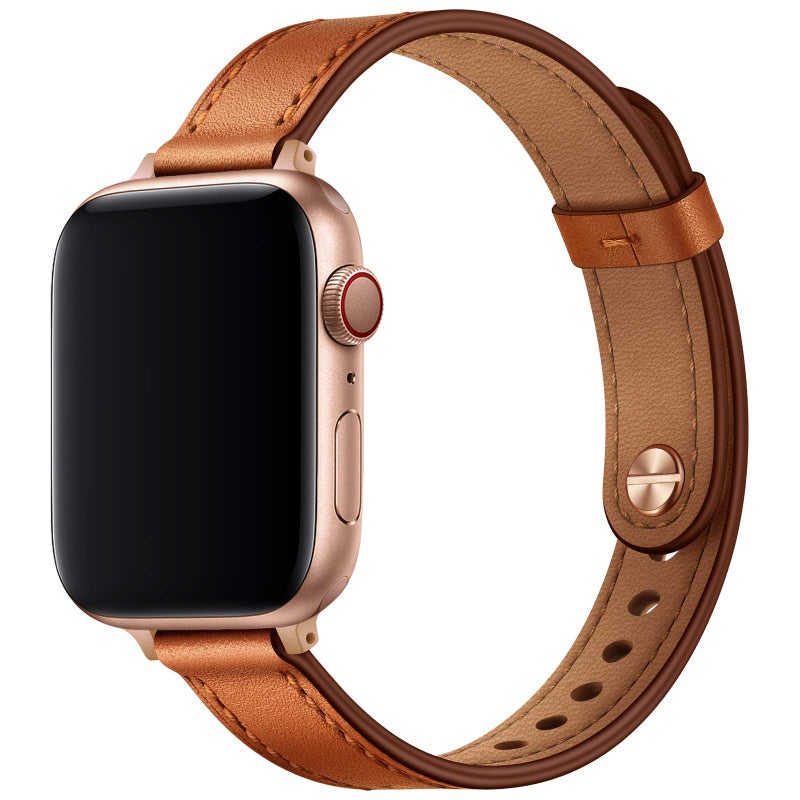 OUHENG Slim Bands Compatible with Apple Watch Band 42mm 41mm 40mm 38mm, Women Genuine Leather Replacement Thin Strap for iWatch SE2 SE Series 10 9 8 7 6 5 4 3 2 1 (Brown/Rose Gold) - Image 1