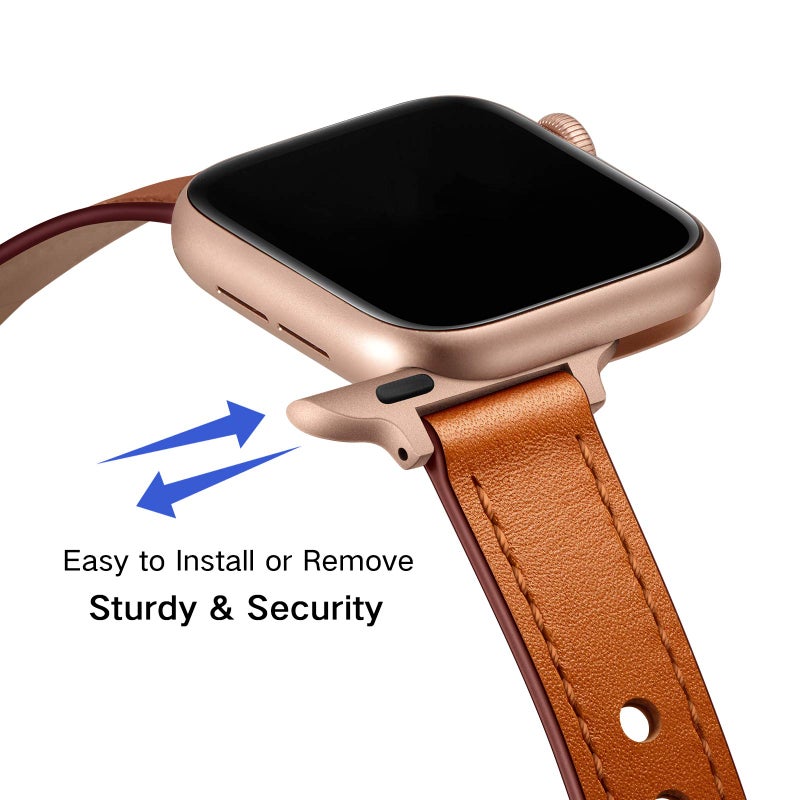 OUHENG Slim Bands Compatible with Apple Watch Band 42mm 41mm 40mm 38mm, Women Genuine Leather Replacement Thin Strap for iWatch SE2 SE Series 10 9 8 7 6 5 4 3 2 1 (Brown/Rose Gold) - Image 4