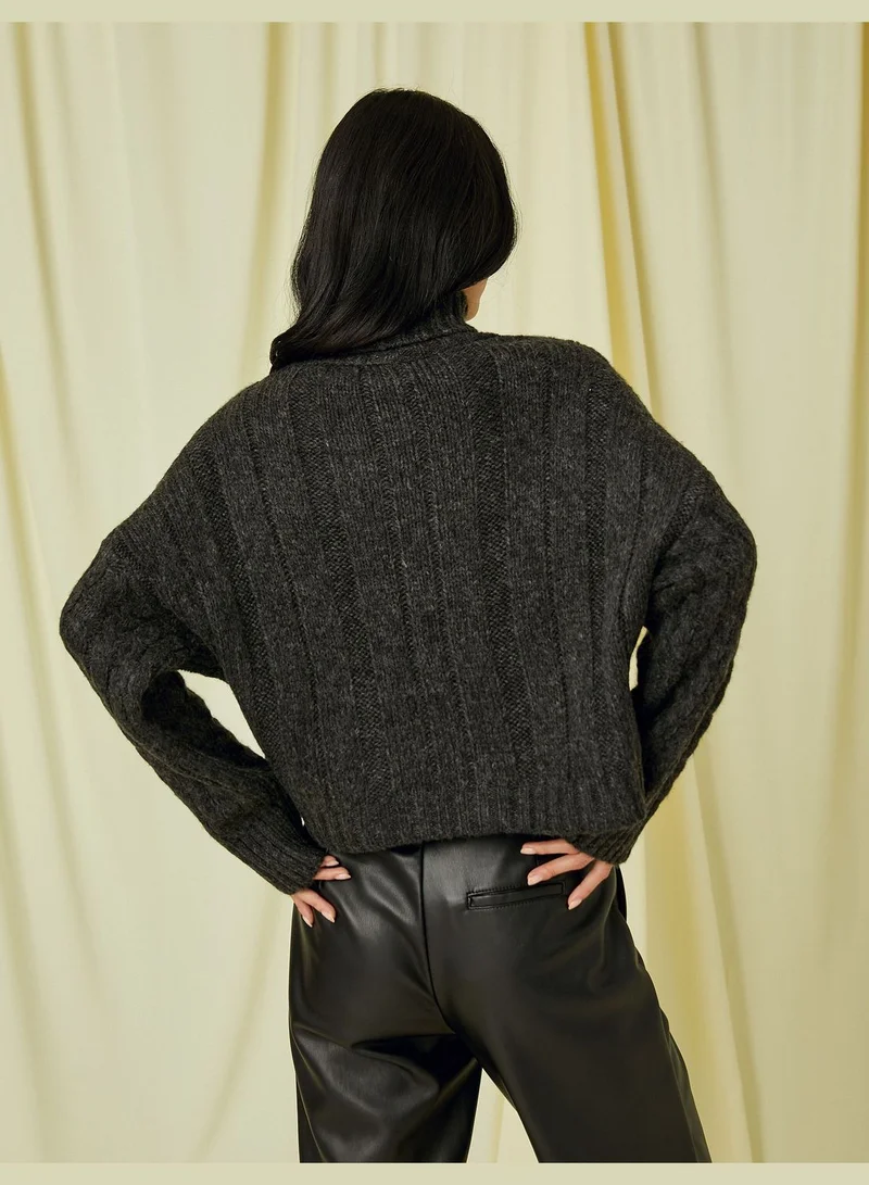KOTON Crop Turtleneck Sweater Knitted Detail Long Sleeve