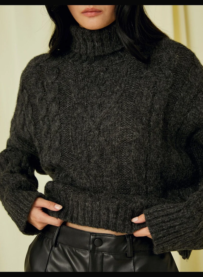 KOTON Crop Turtleneck Sweater Knitted Detail Long Sleeve