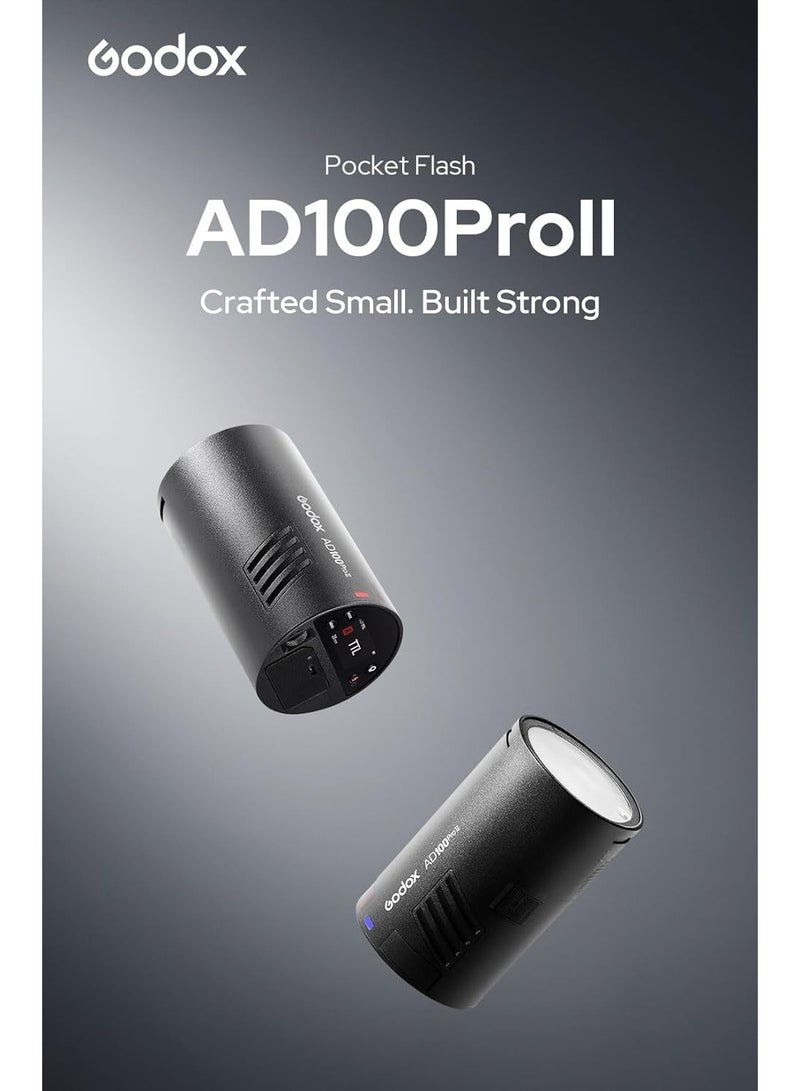 جودوكس فلاش Godox AD100Pro II بقدرة 100 واط – فلاش جيب احترافي TTL مع HSS حتى 1/8000 ثانية، نظام لاسلكي 2.4G وبطارية قابلة للشحن للتصوير الخارجي والاستوديو - Image 2